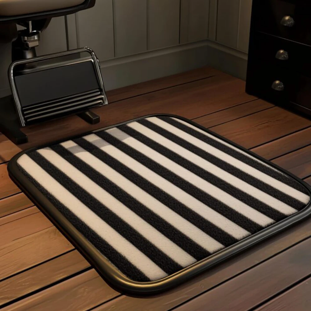 A Stripped floor mat Dubai featured in a salon setting with a barber chair on dark wooden planks.