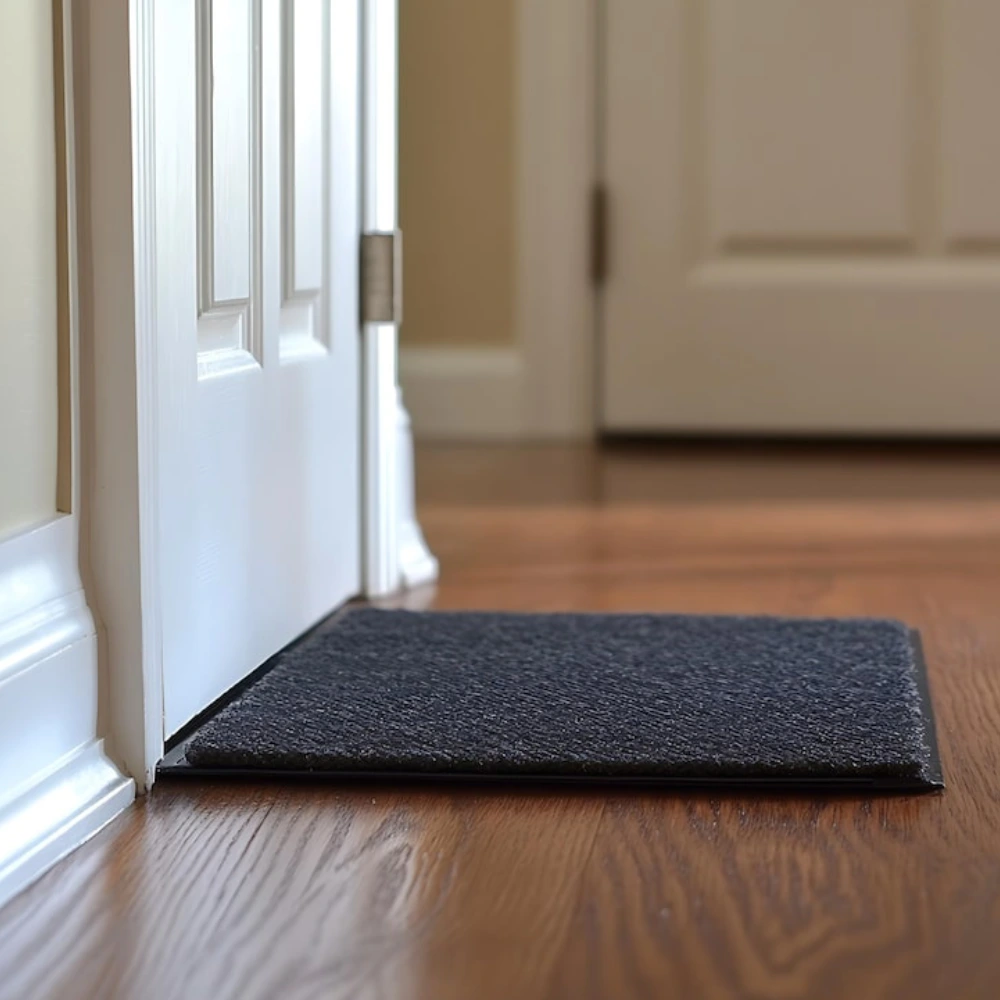 A durable charcoal rubber door mat placed on a wooden floor at a white door entrance.