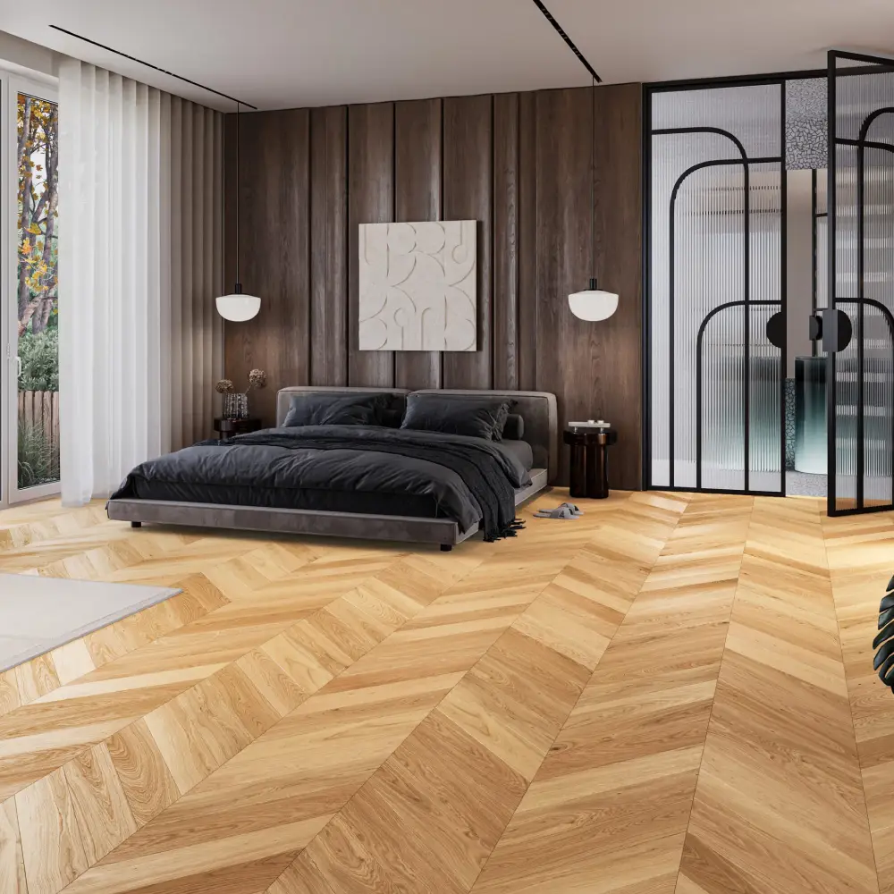 Classic chevron flooring pattern delivers a refined and structured floor appearance.