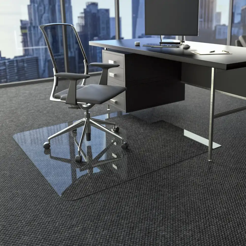 Clear rubber glass mats in Offices & Workspaces protect carpet from office chair wheels and scuffs.