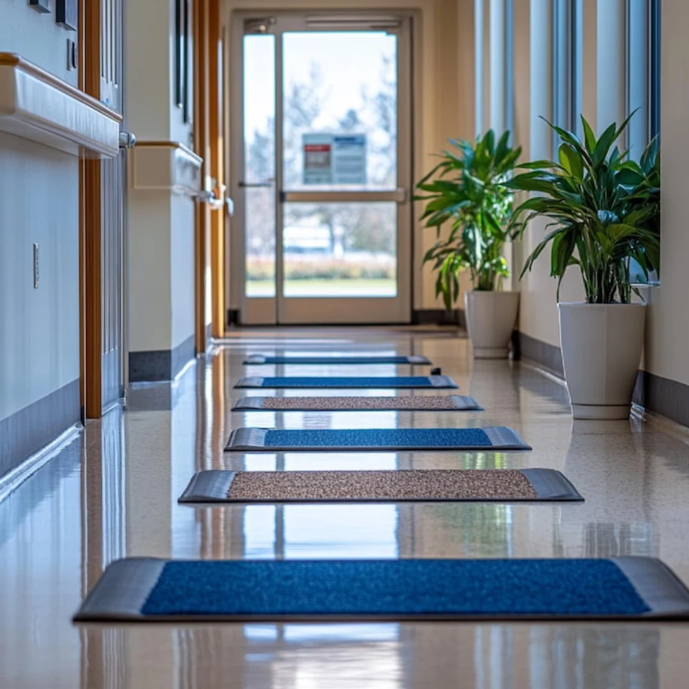 Durable Rubber Mats Dubai placed along a clean hospital corridor.
