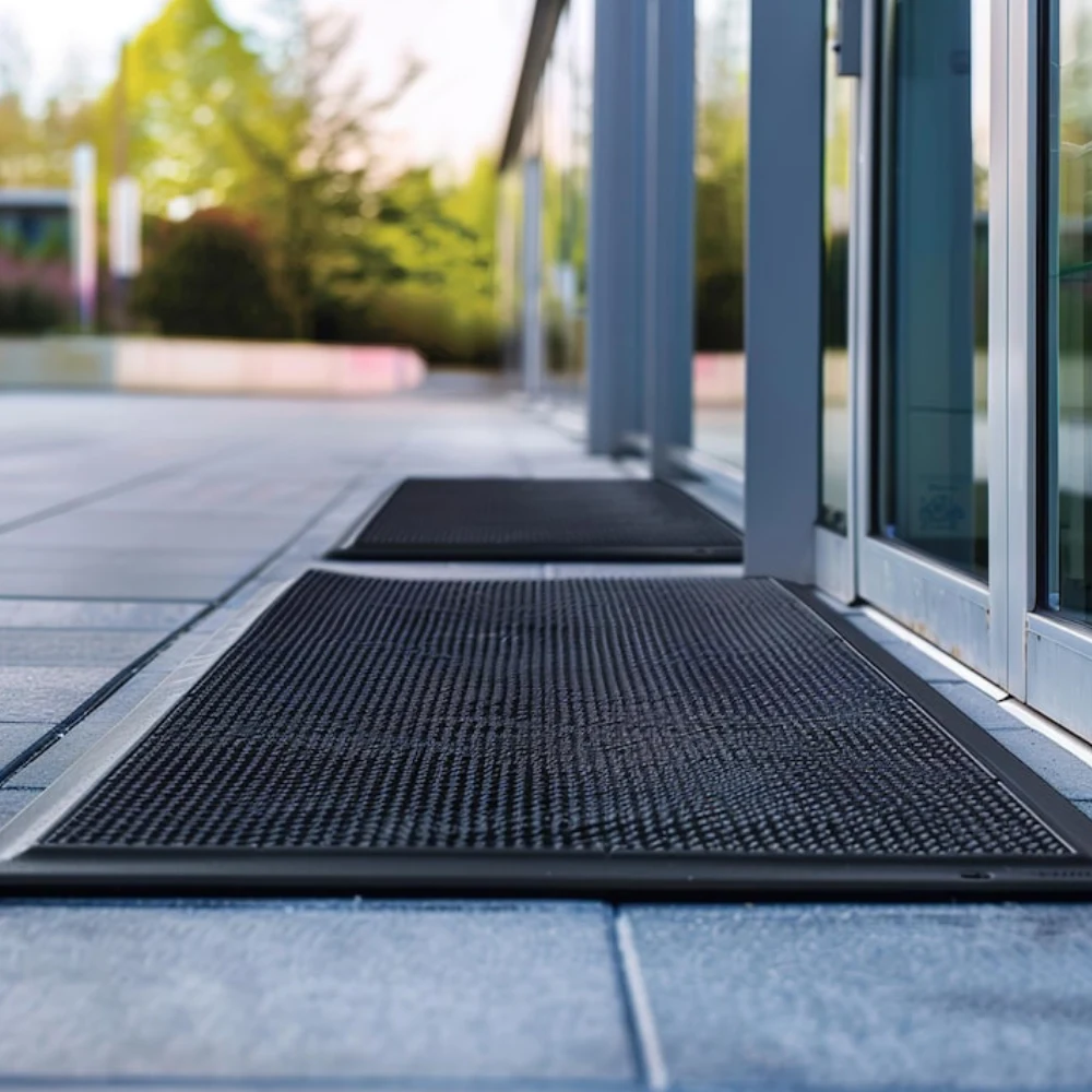 Heavy-duty black Rubber Entrance Mats Dubai placed outside a commercial glass door.