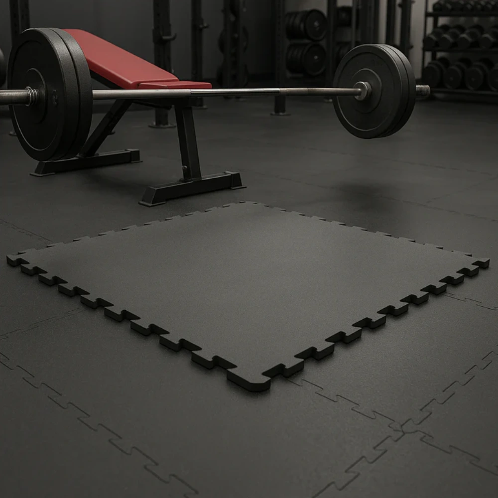 Interlocking black rubber mats in Gyms & Fitness Centers provide floor protection and safety.