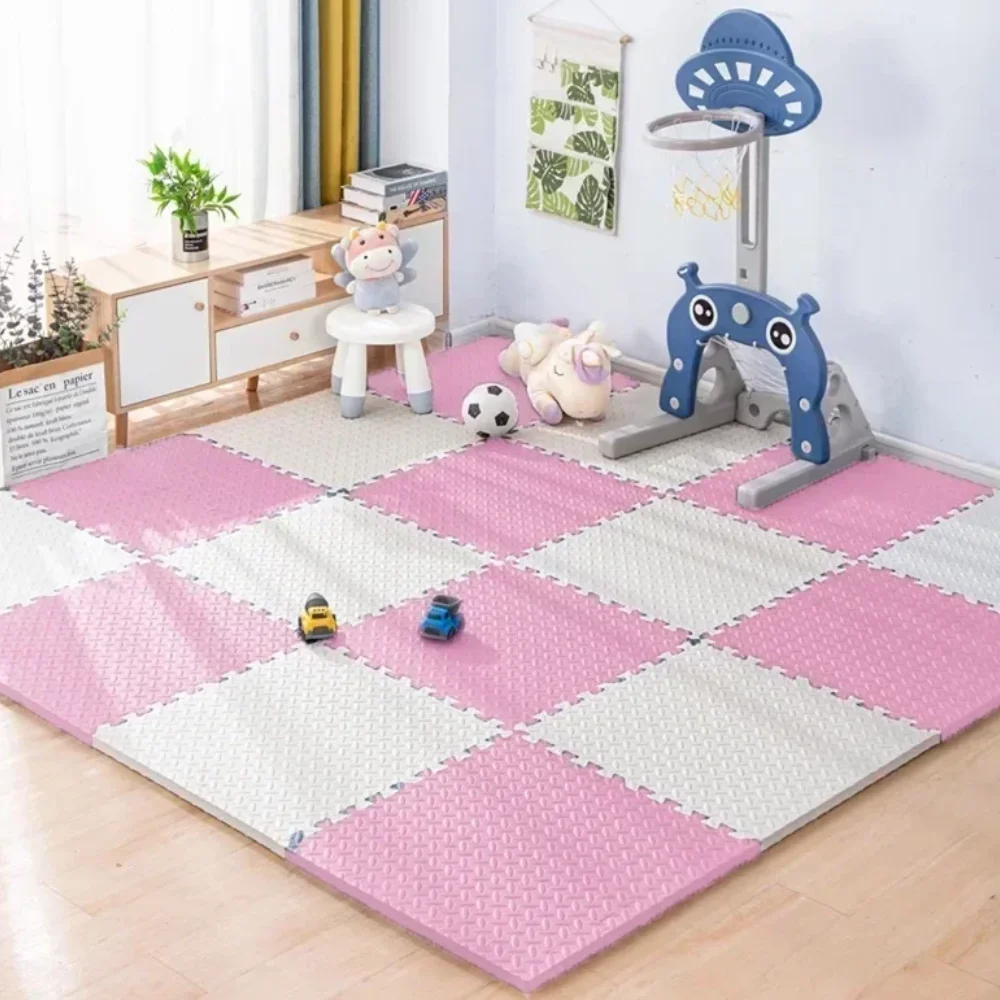 Interlocking foam play area mats in a colorful nursery providing a soft, safe surface for kids.