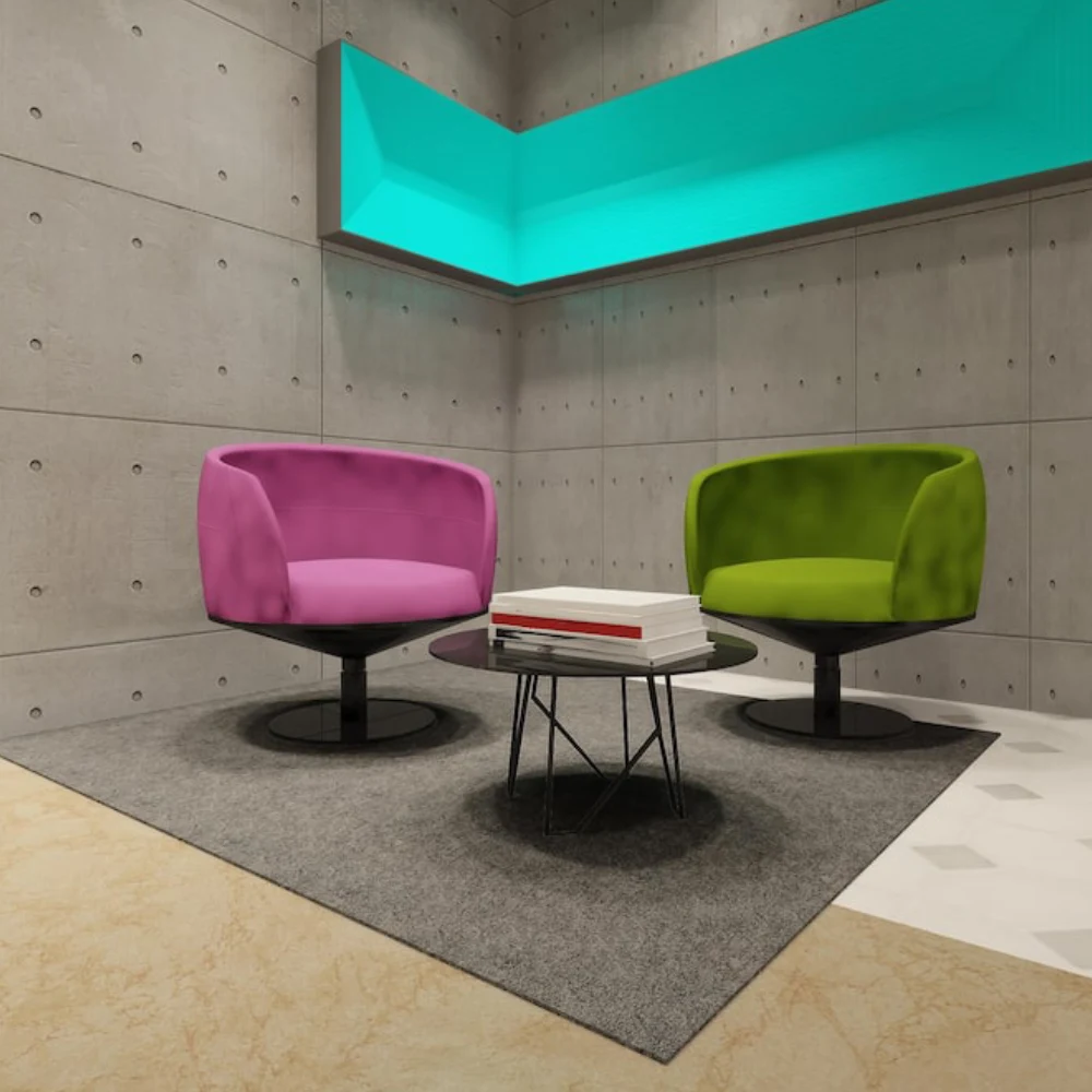 Modern grey Rubber Mat Dubai under colorful chairs in a stylish lounge waiting area.