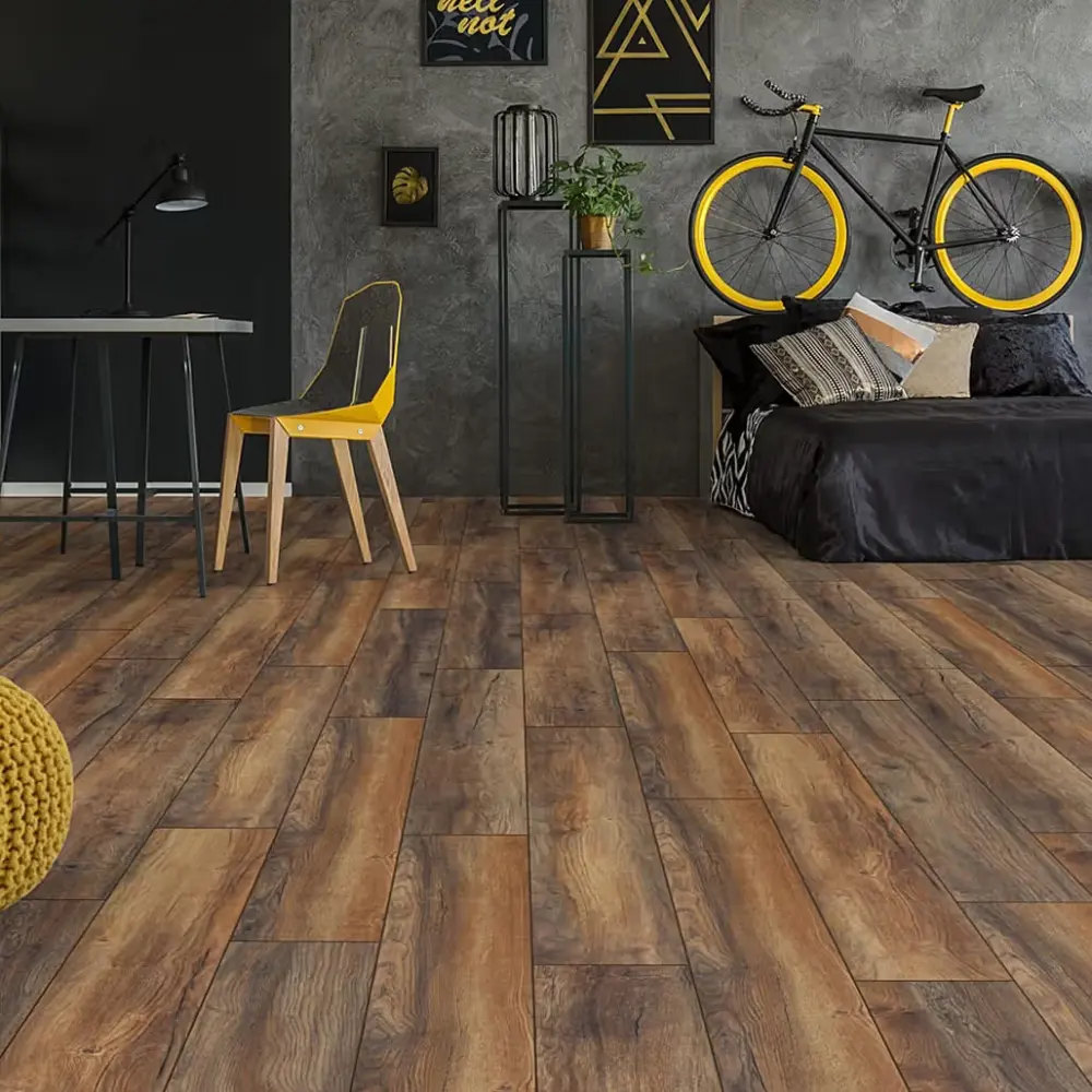 Modern laminate flooring with realistic wood texture and long lasting performance.