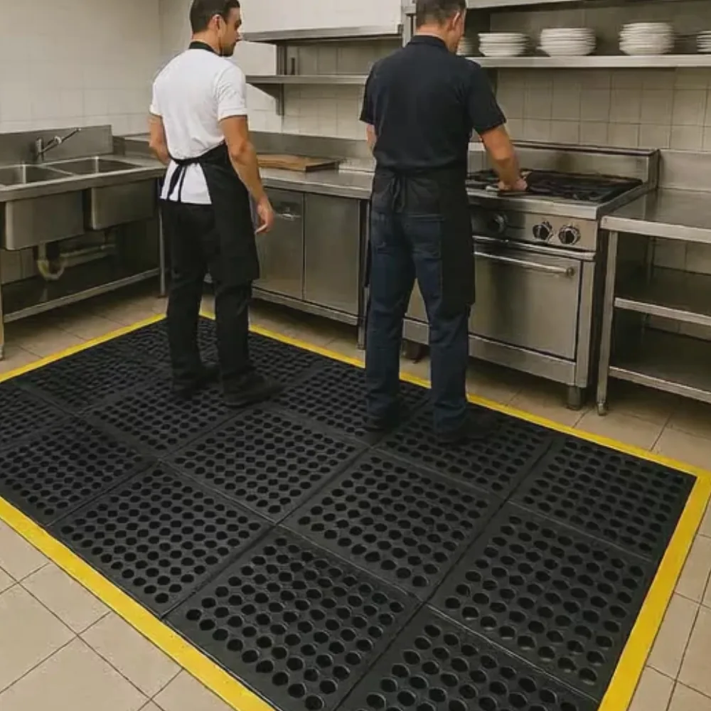 Non-slip interlocking rubber mats in Restaurants & Kitchens provide safety for kitchen staff.