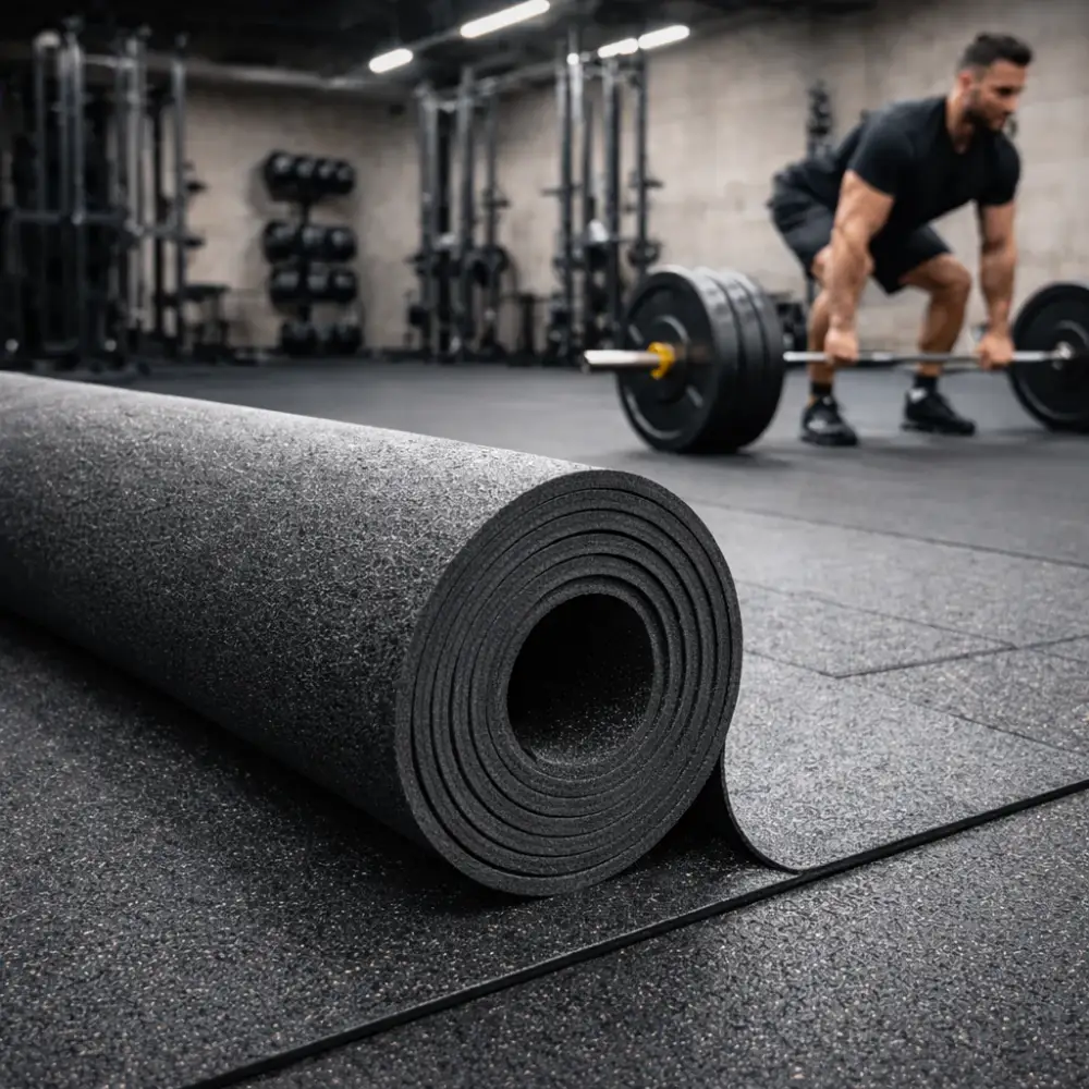 Durable black rubber Gym rolls being unrolled in a professional weightlifting gym.