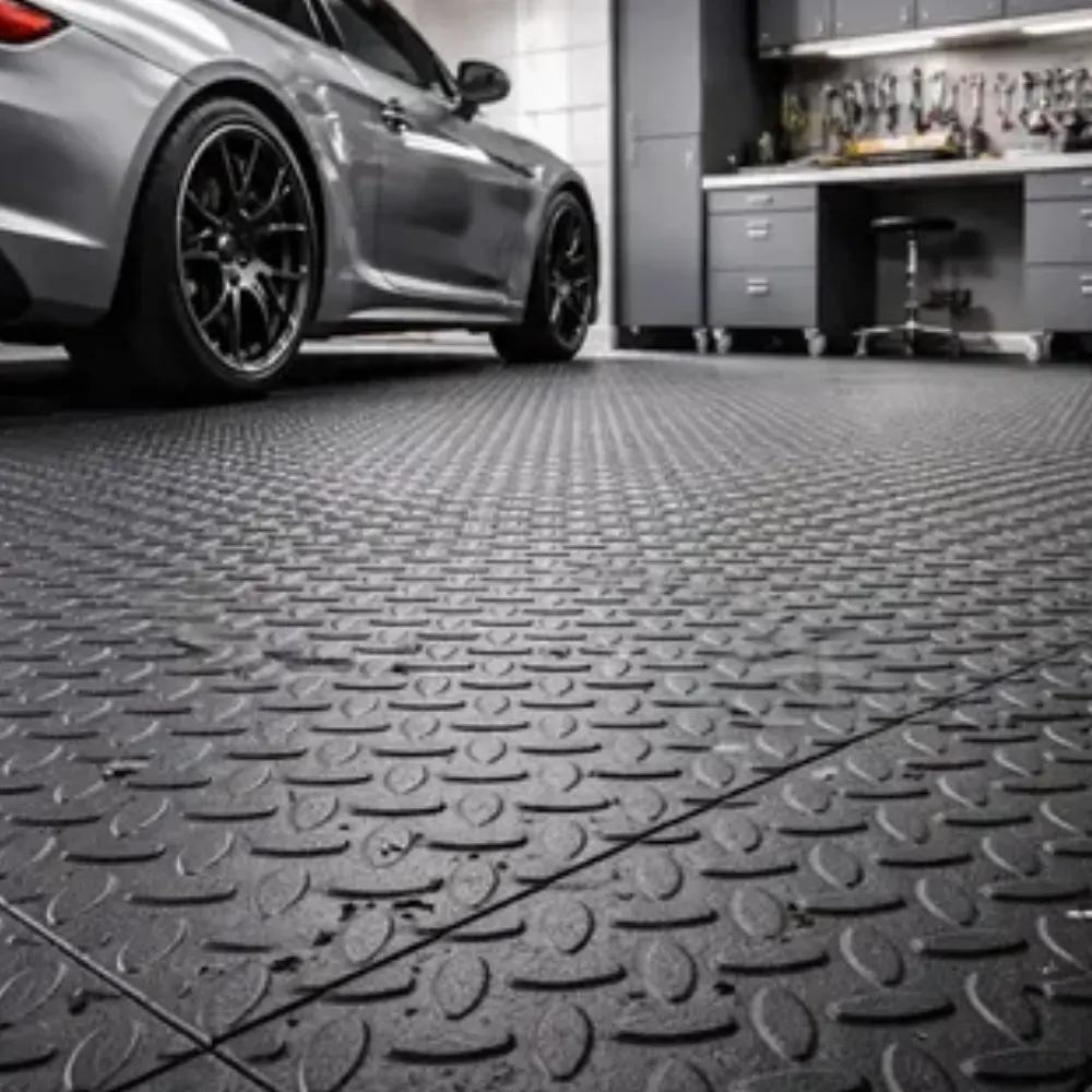 Reinforced rubber garage flooring designed for high-impact zones and mechanical workshops.