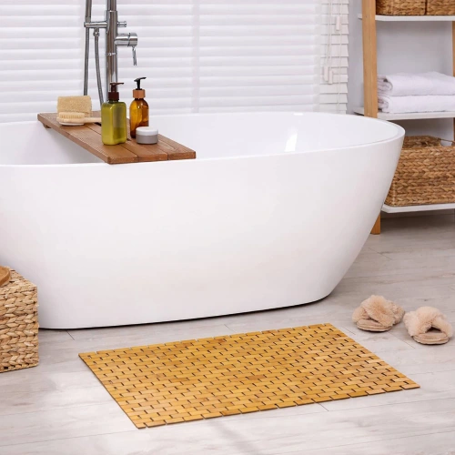 Eco-friendly bamboo bath mat with sturdy slatted design for improved water drainage
