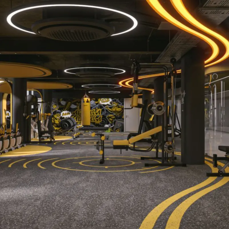 Recently installed heavy-duty rubber flooring in a Dubai gym designed to withstand intense workouts, equipment loads, impacts and frequent daily use.