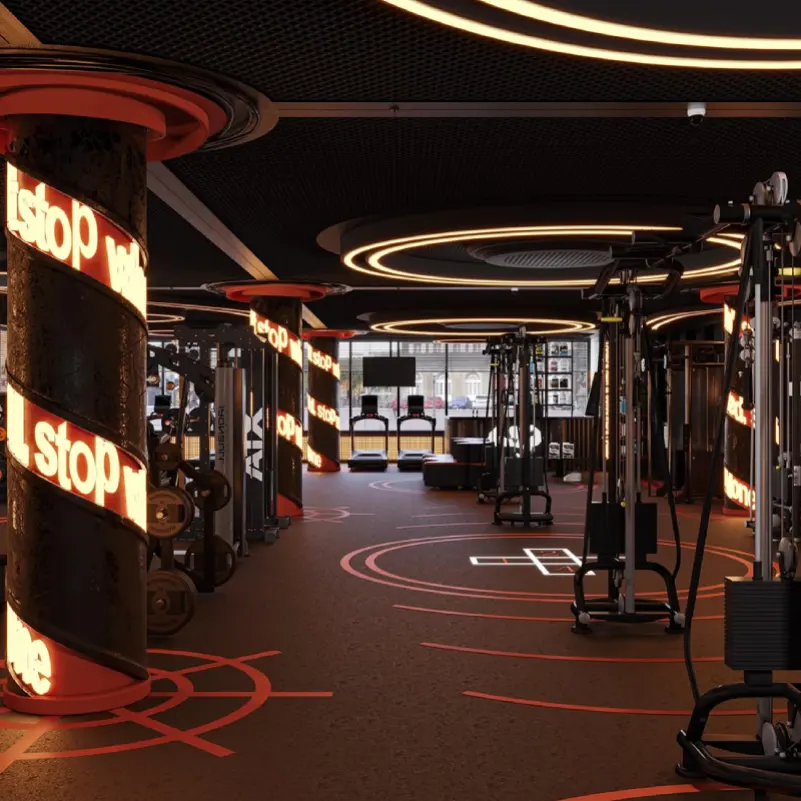 Successfully completed gym flooring project in Dubai featuring durable rubber flooring, impact resistance, excellent grip and a safe professional workout surface.